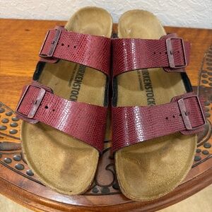 Birkenstock "Arizona" Snake-Embossed Leather Sandal with Hardware, Size 10